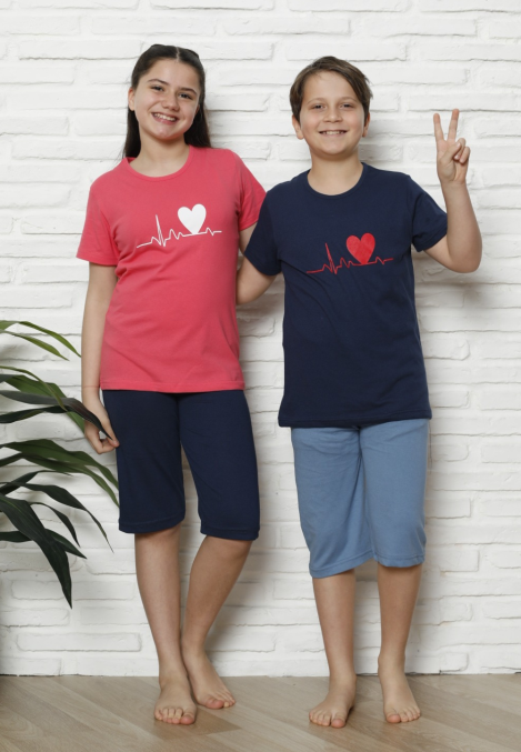 Pijama Copii cu maneca scurta si pantalon 3/4,culoare Coral si Bleumarin, Engros